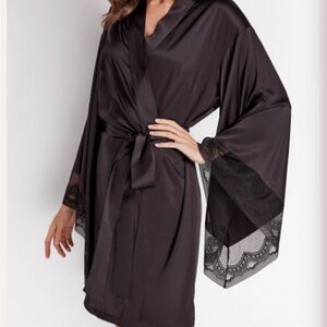 Elegant Black Lace Trim Satin Robe and Nightgown